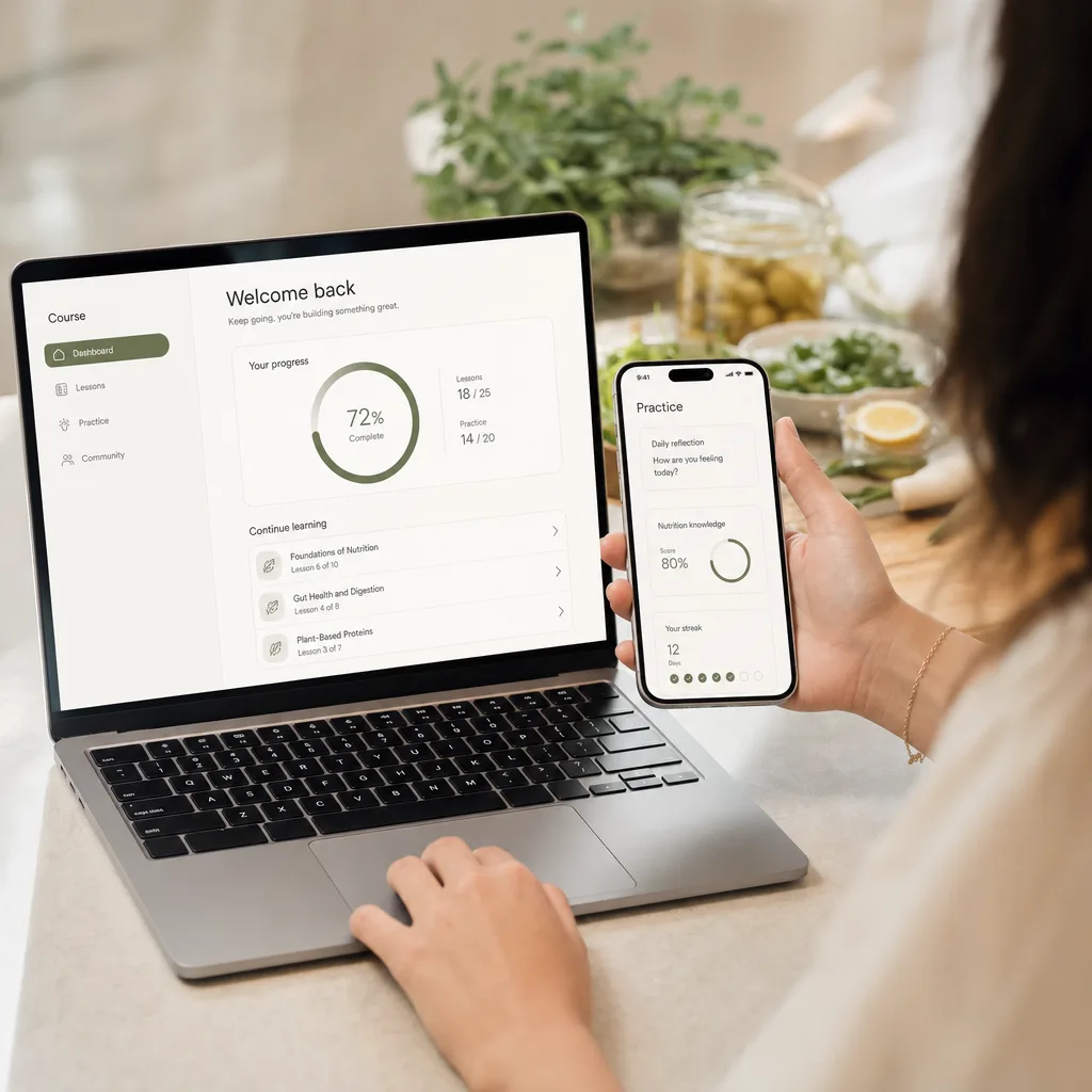 Inside the program: course dashboard with modules, lessons and reference guides